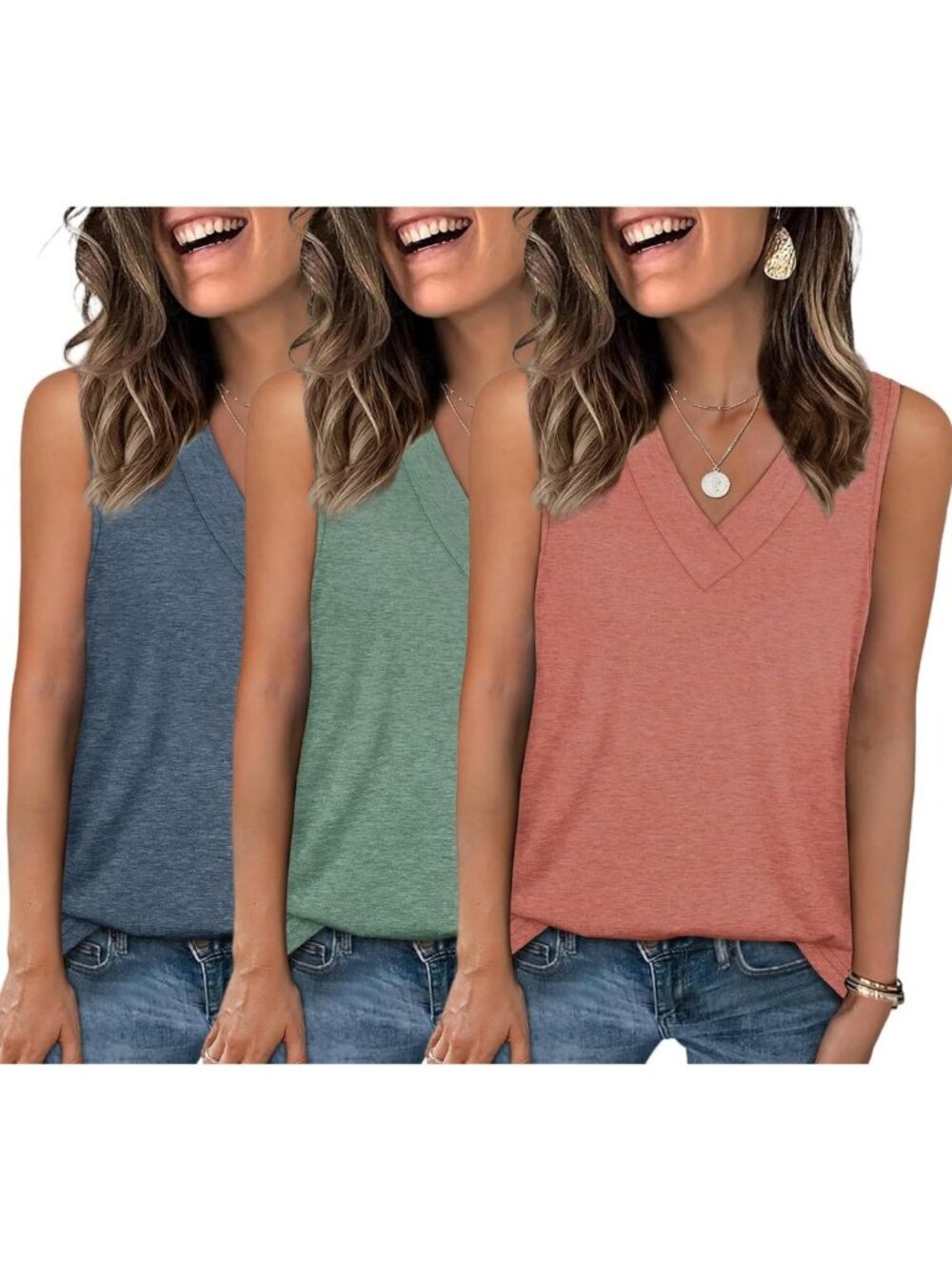 3 Pack Women's V Neck Tank Tops - Casual Sleeveless Tees for Summer Beach Wear
